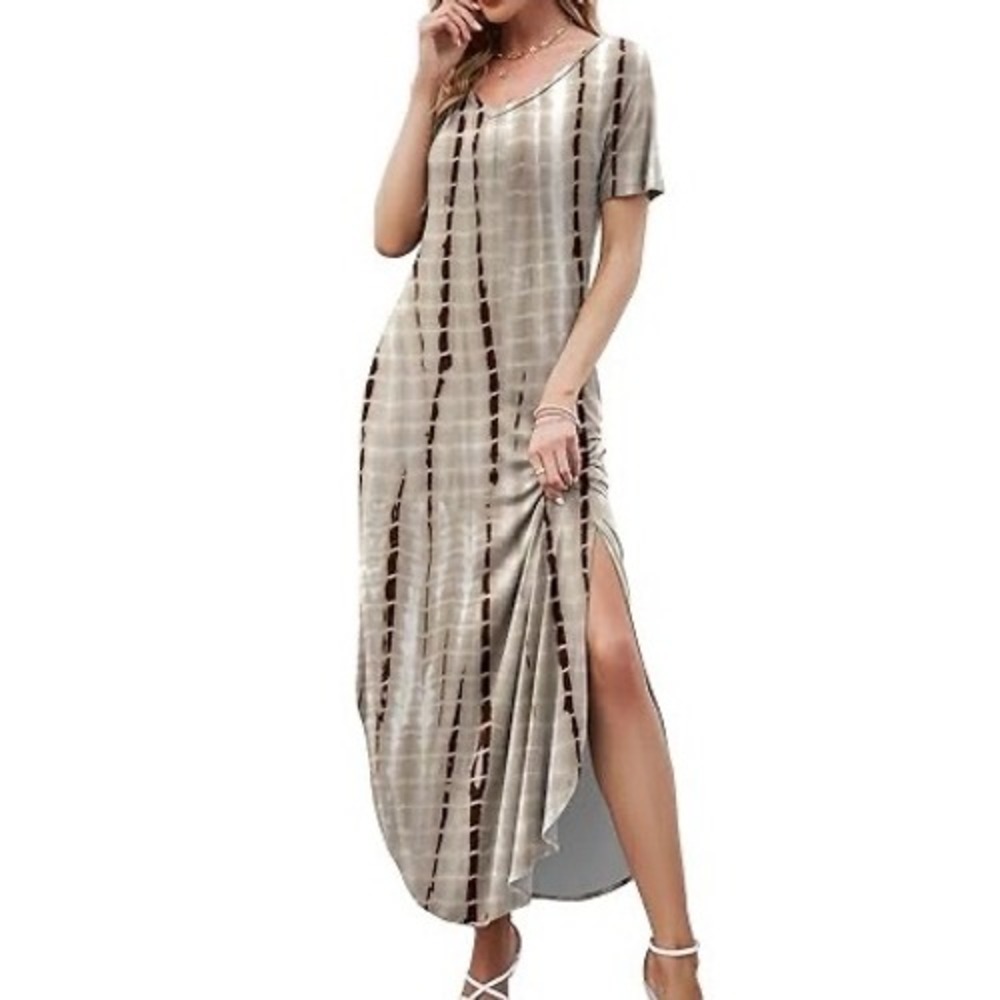 Gray Tie Dye V-Neck Maxi Dress M Short Sleeve Pockets Goth Grunge Punk Emo Boho